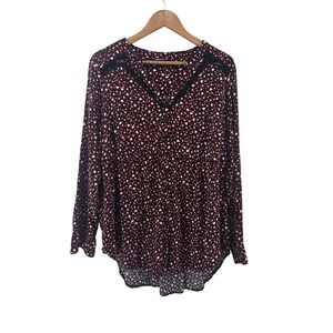 Torrid Tunic Top Size 1 (1X)‎ Black Red Heart Star Print Lace Trim Long Sleeve